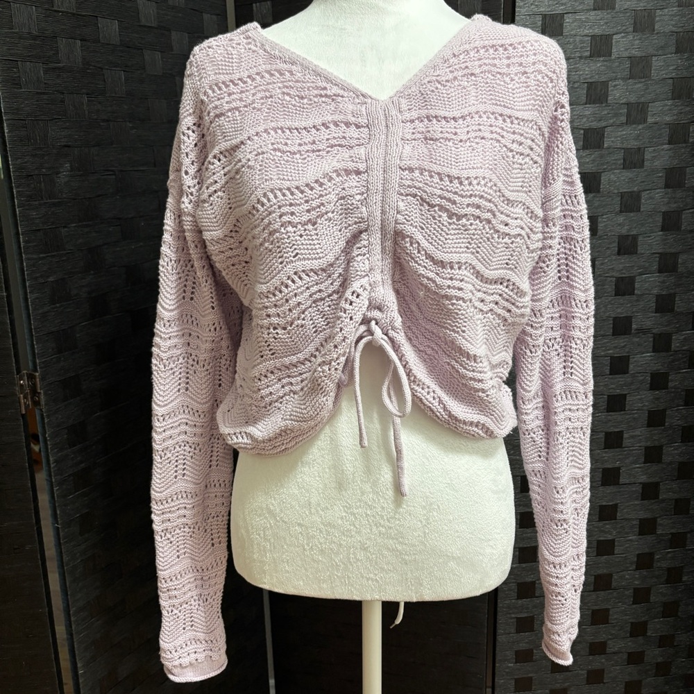 Jessica Simpson Cinched Sweater Sz M Lavender Open Crochet Knit‎ Cottage Casual